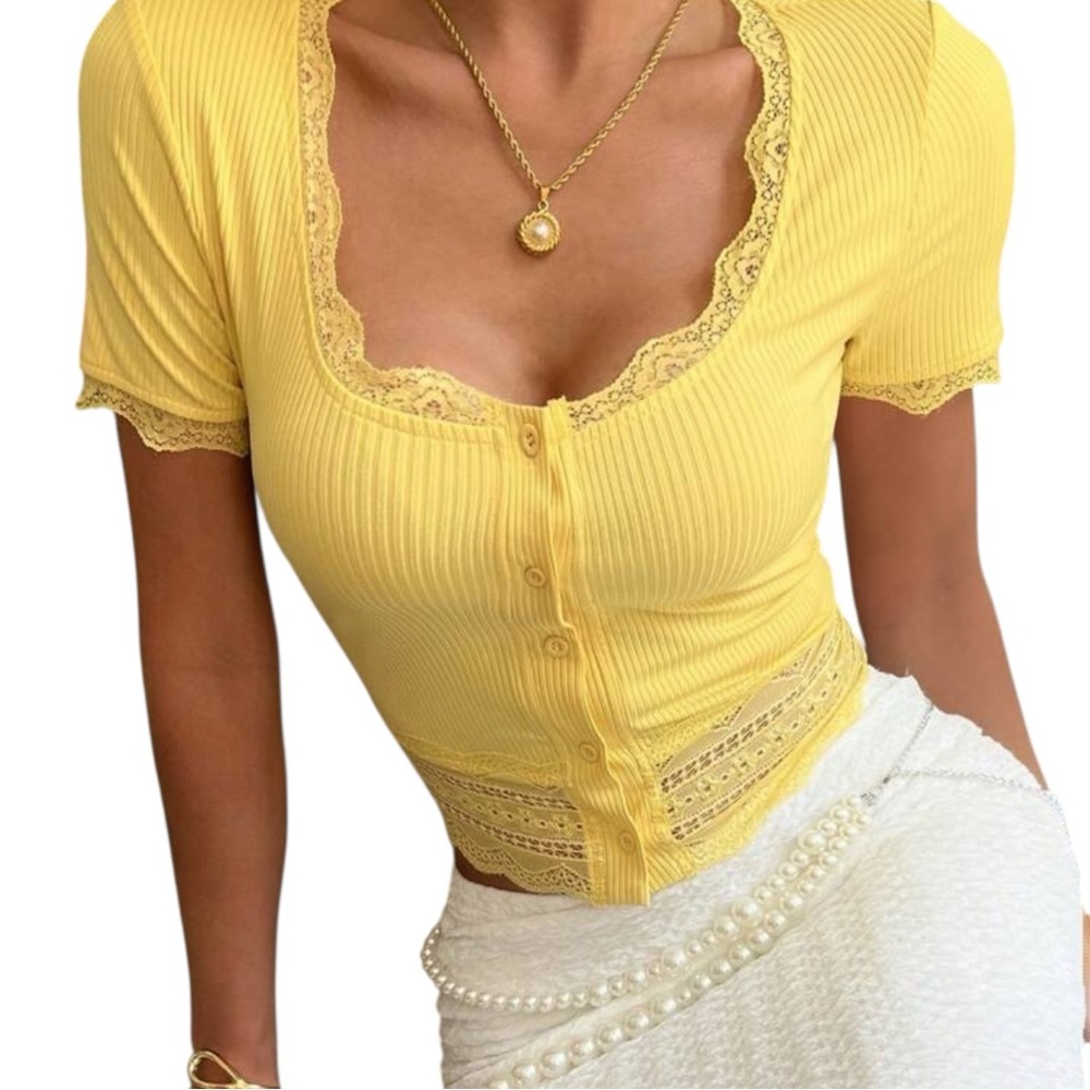 Yellow Lace-Trim Ribbed Crop Top - Picture 2 of 8